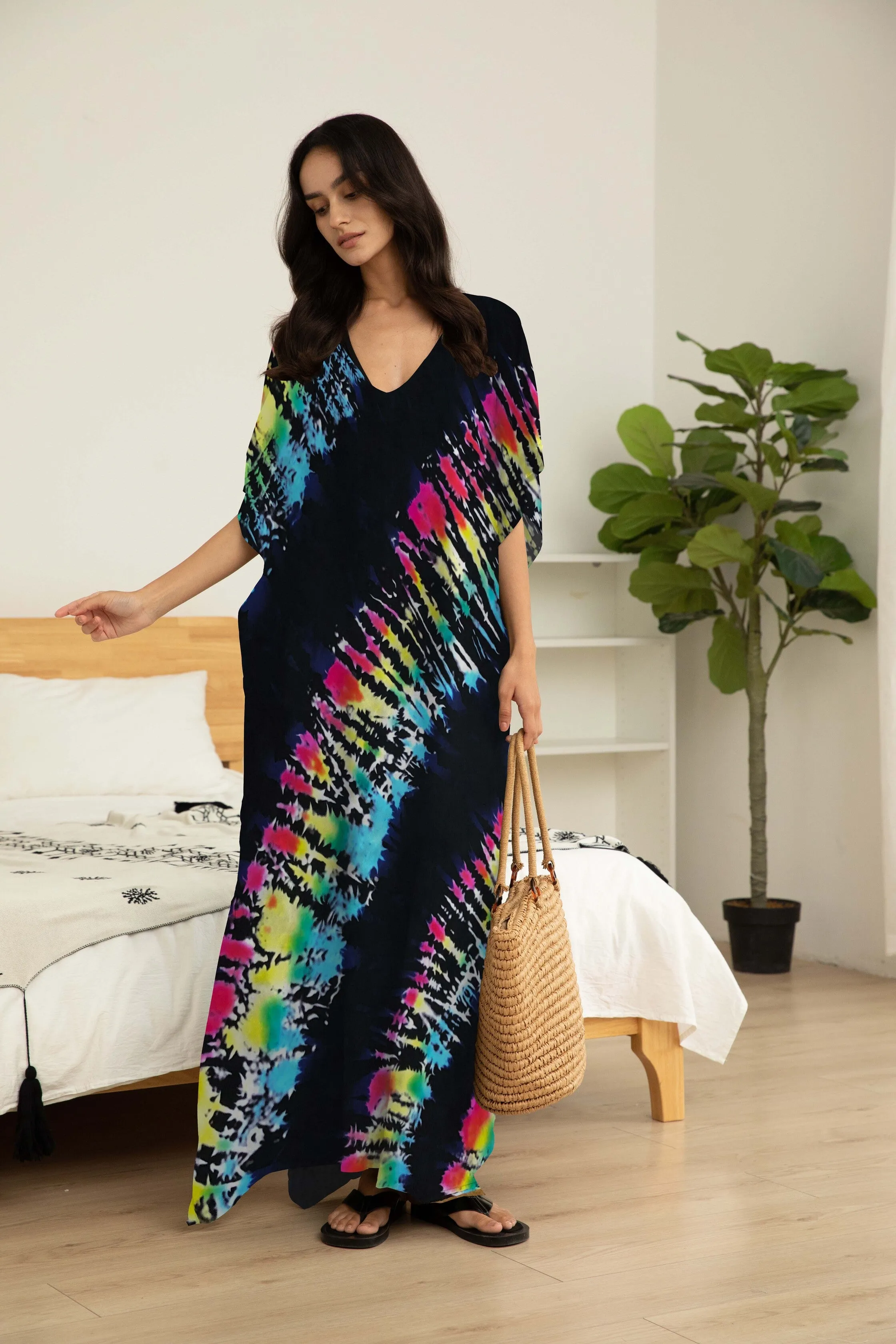 Plus Size Stripe Print V-Neck Beach Kaftan Cover-Up