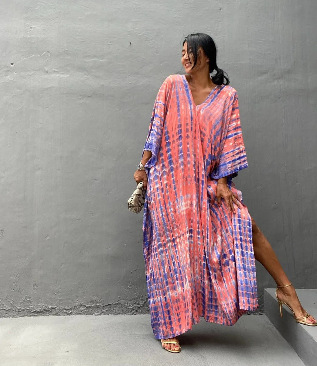 Plus Size Stripe Print V-Neck Beach Kaftan Cover-Up