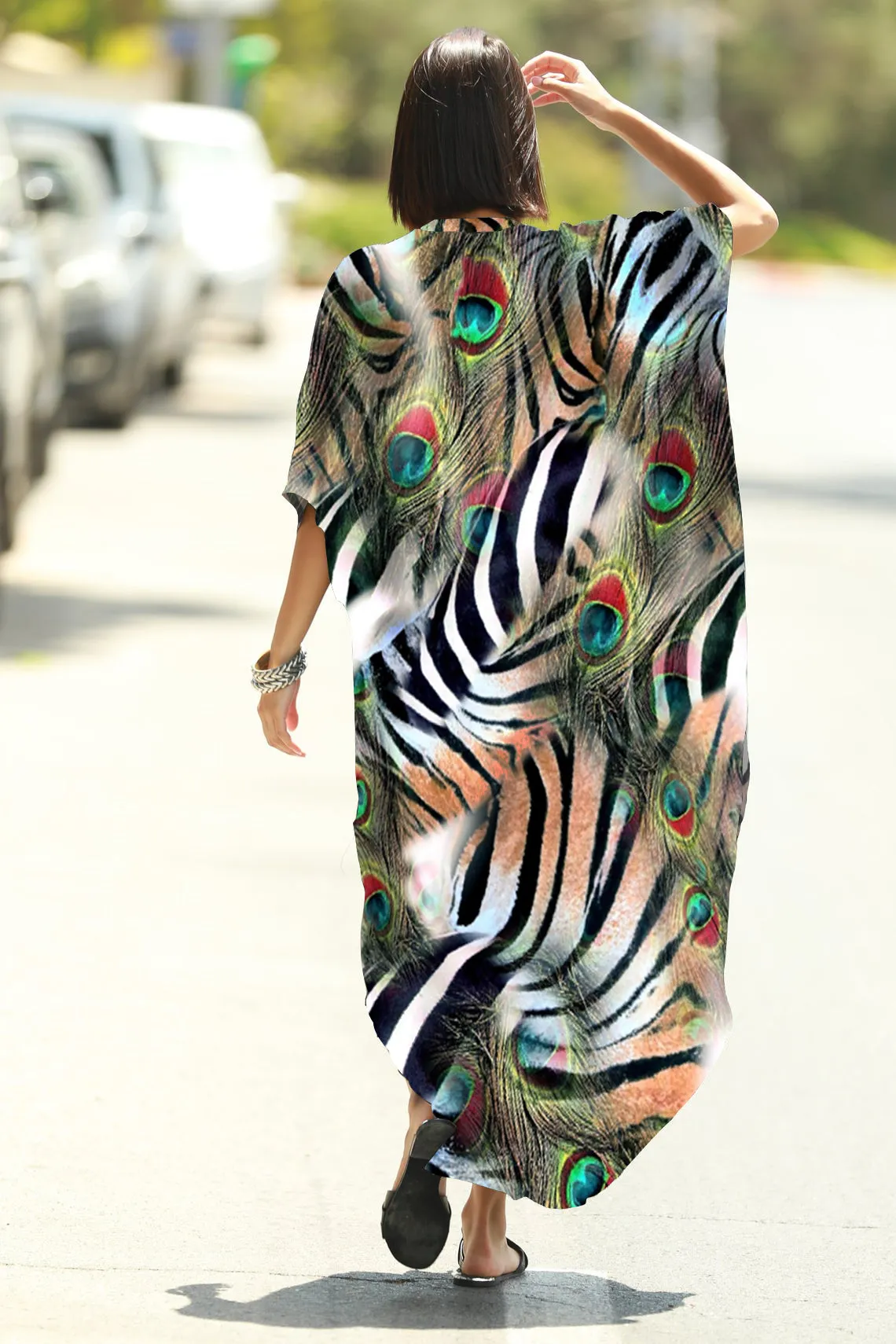 Plus Size Striped Print Beach Kaftan Dress - Button-Up Cover Up