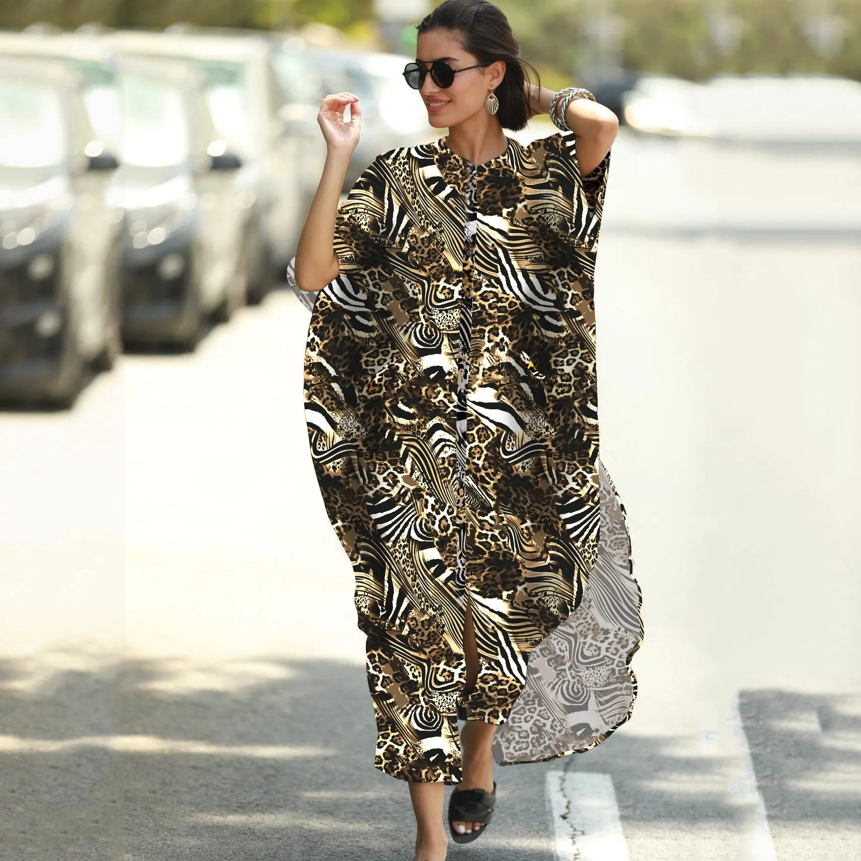 Plus Size Striped Print Beach Kaftan Dress - Button-Up Cover Up