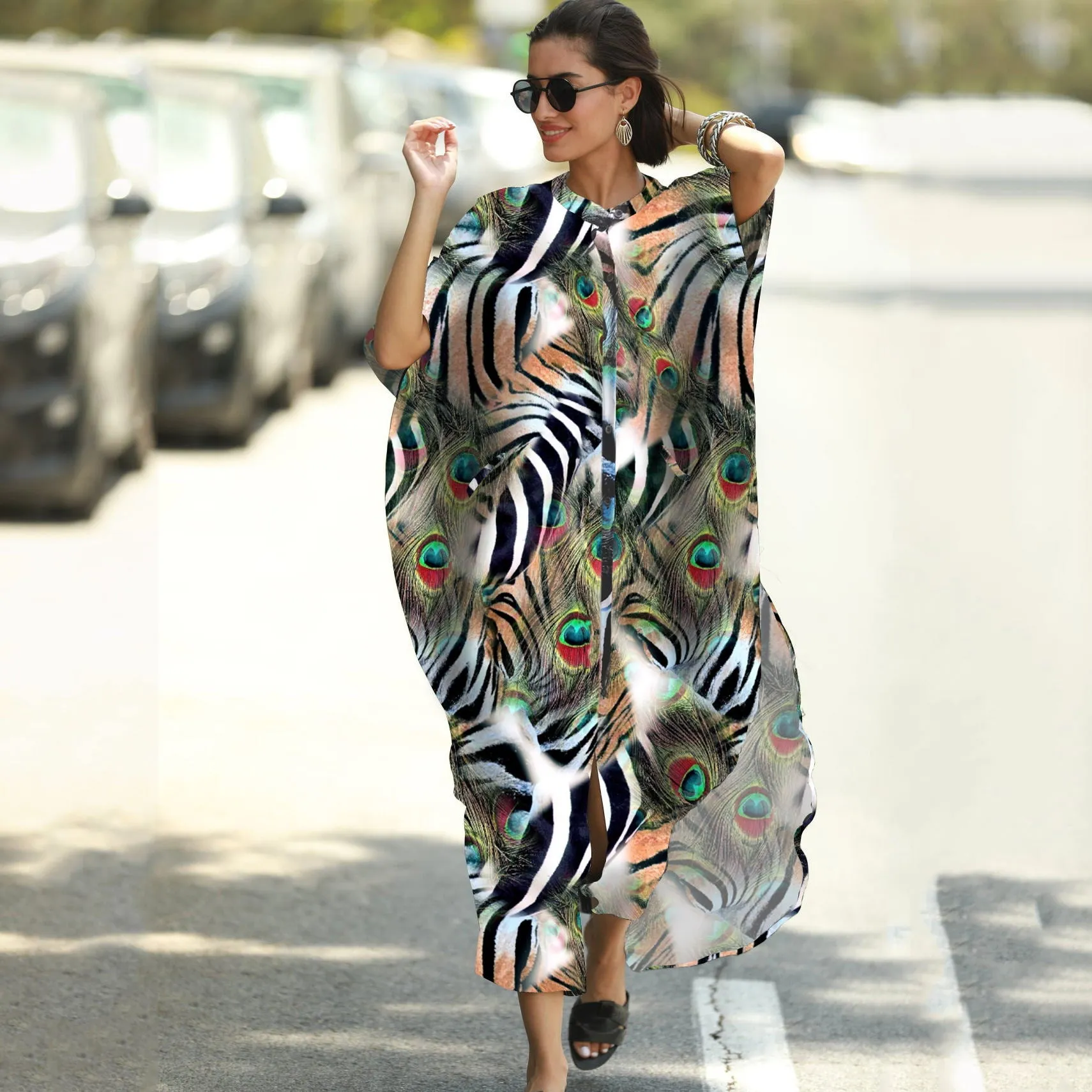 Plus Size Striped Print Beach Kaftan Dress - Button-Up Cover Up