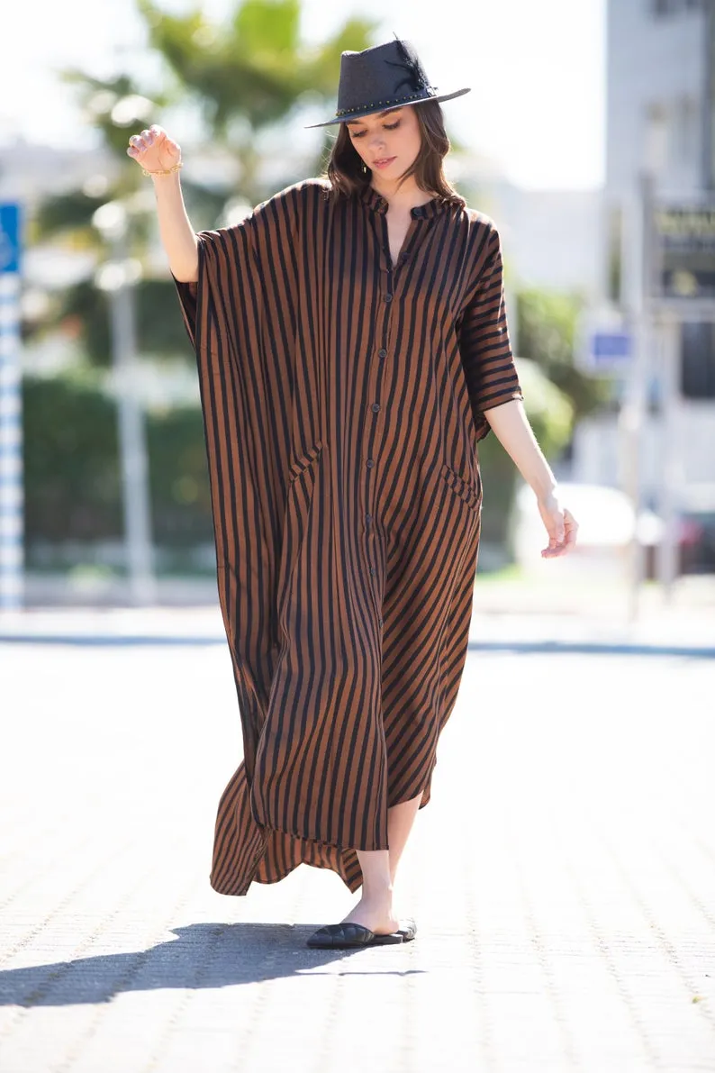 Plus Size Striped Print Beach Kaftan Dress - Button-Up Cover Up