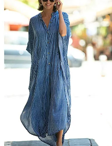 Plus Size Striped Print Beach Kaftan Dress - Button-Up Cover Up