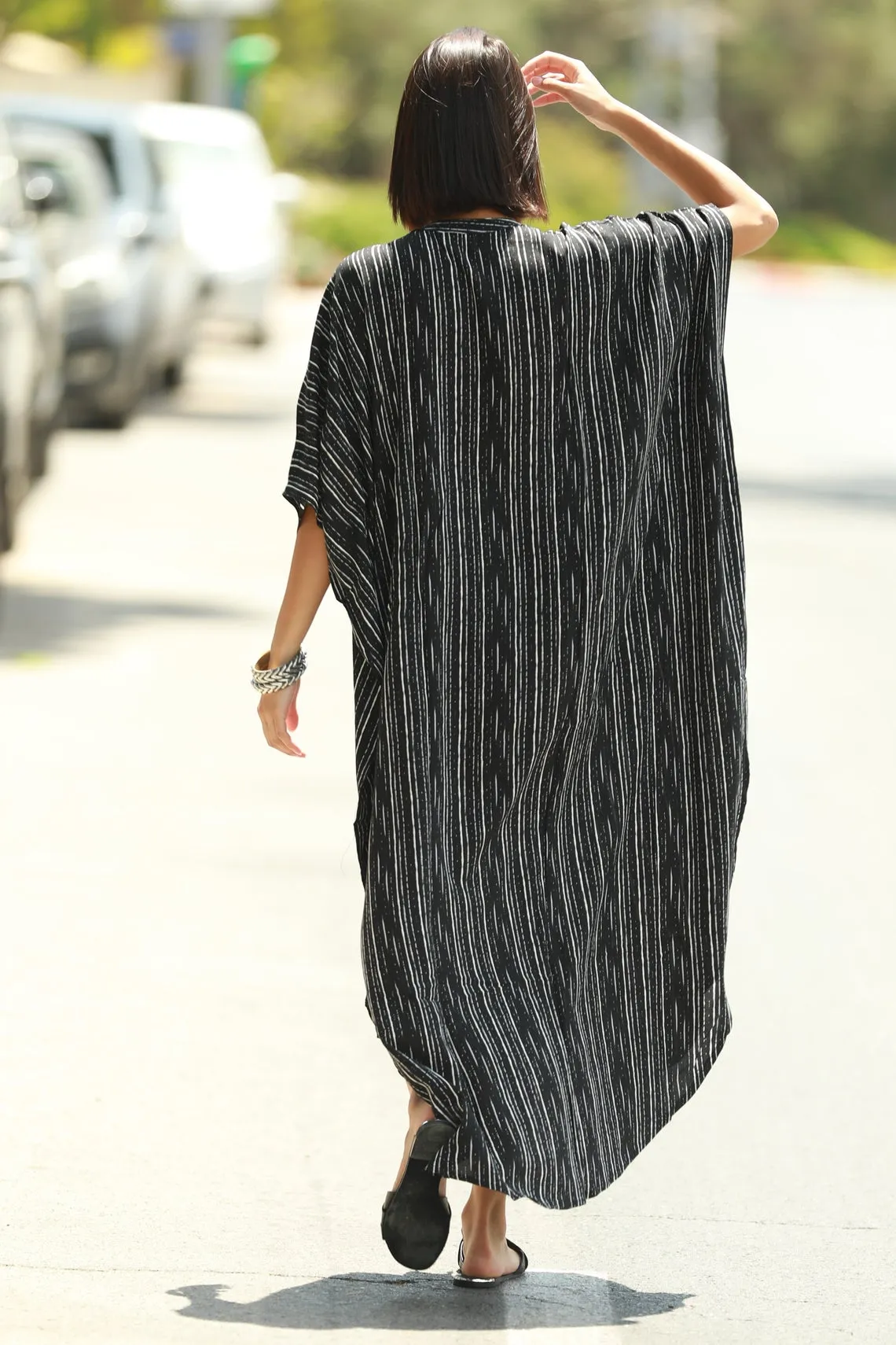 Plus Size Striped Print Beach Kaftan Dress - Button-Up Cover Up