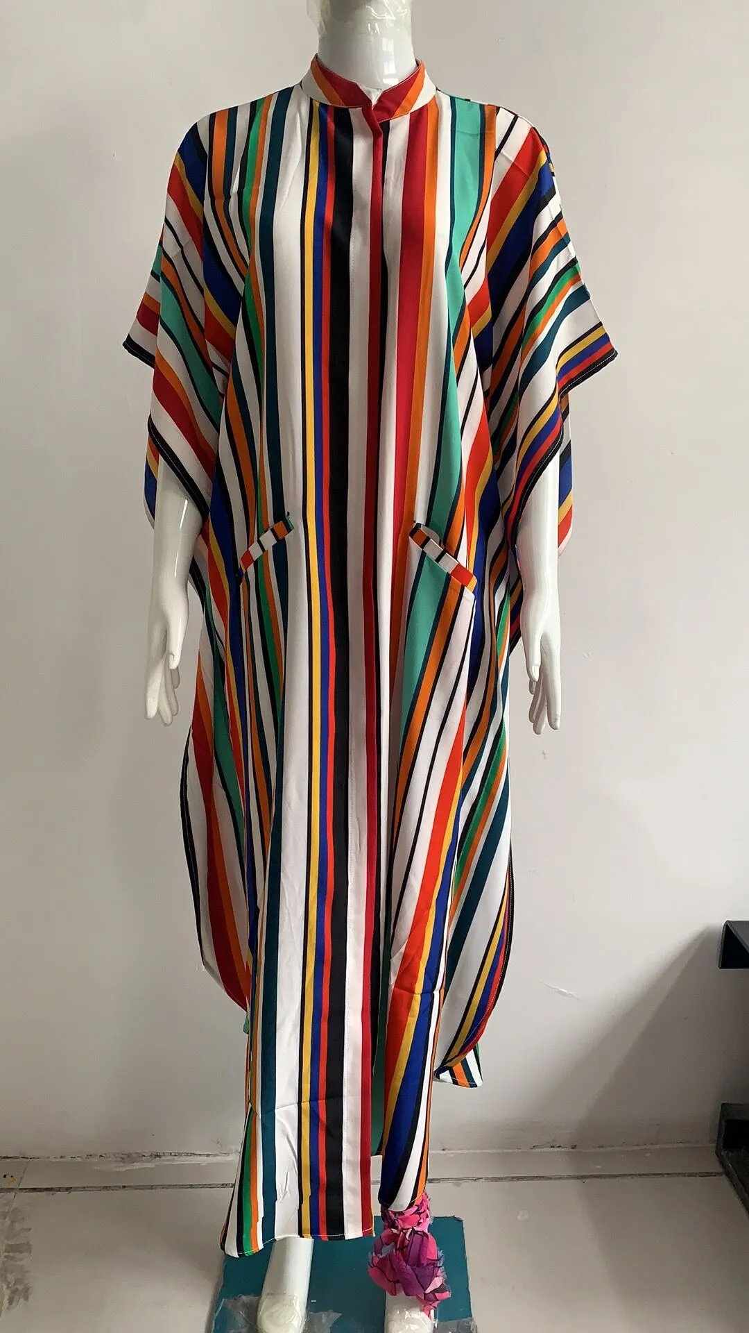 Plus Size Striped Print Beach Kaftan Dress - Button-Up Cover Up