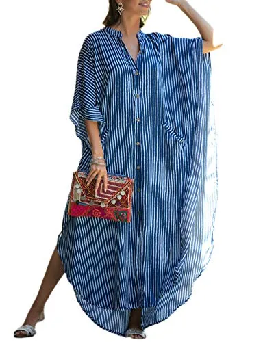 Plus Size Striped Print Beach Kaftan Dress - Button-Up Cover Up