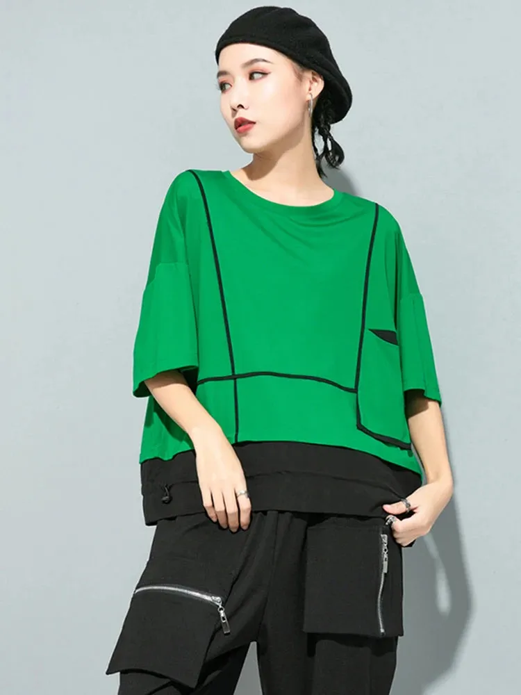 Pocket Division Oversized New Round Neck T-Shirt