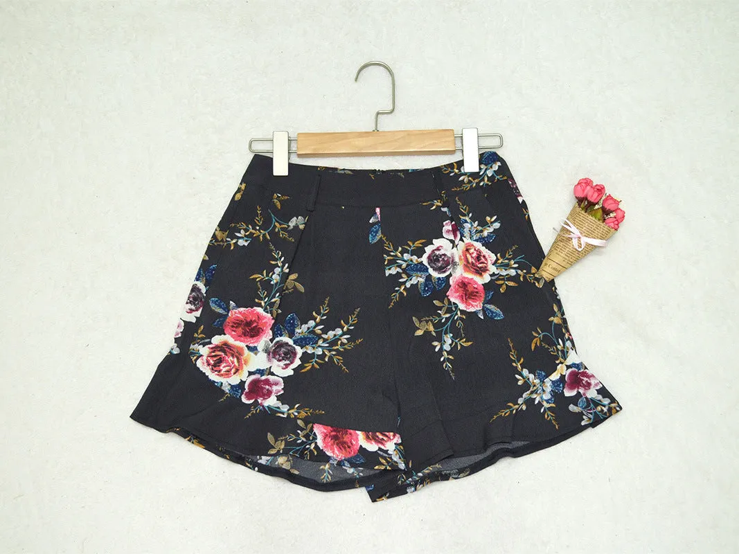 Popular Printed Shorts Belt Slim Look Wide Leg Pants Women Shorts