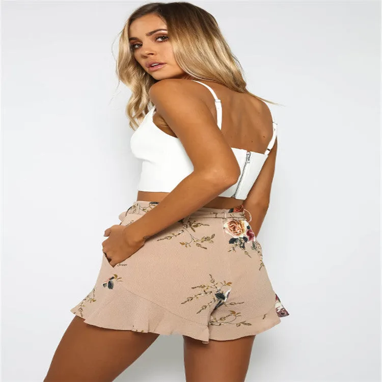 Popular Printed Shorts Belt Slim Look Wide Leg Pants Women Shorts