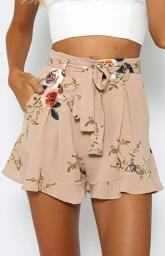 Popular Printed Shorts Belt Slim Look Wide Leg Pants Women Shorts