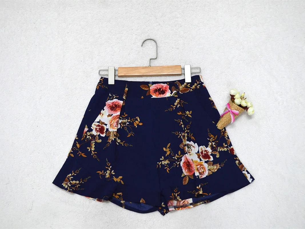 Popular Printed Shorts Belt Slim Look Wide Leg Pants Women Shorts