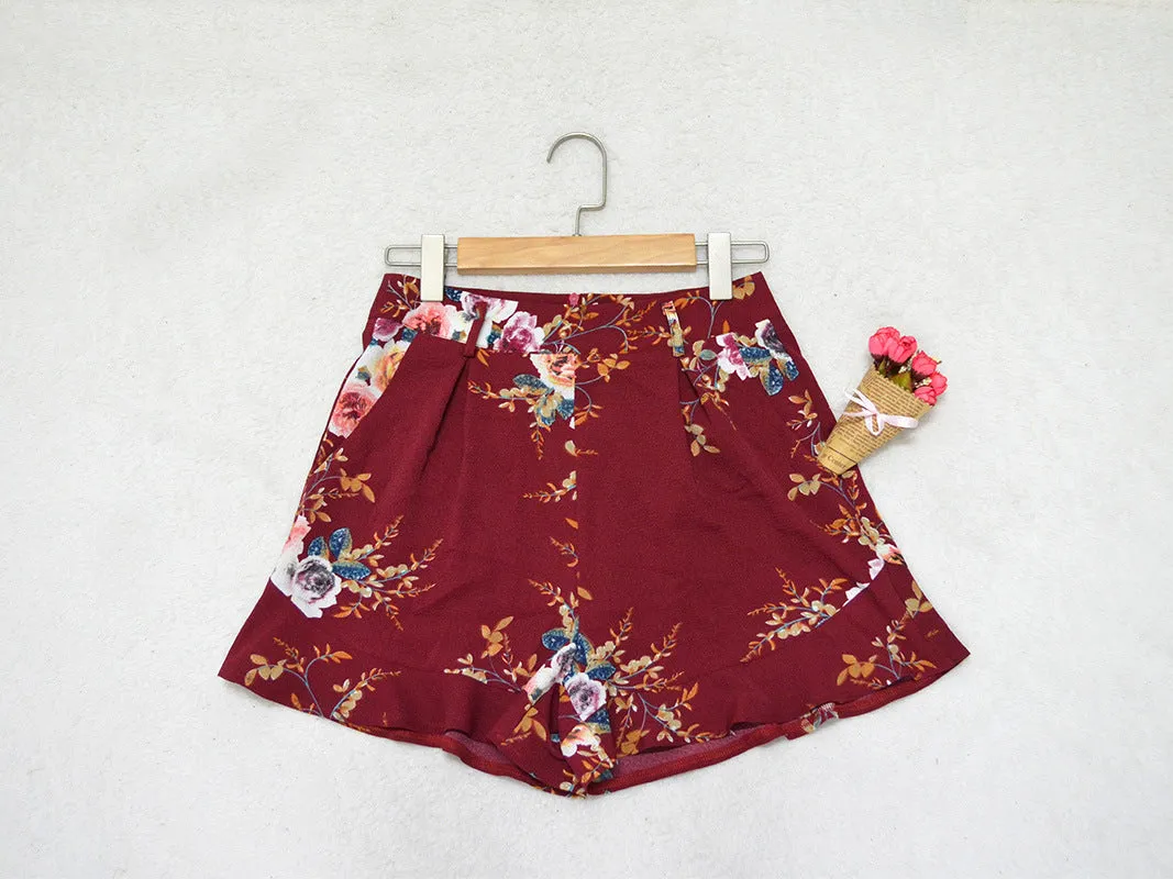 Popular Printed Shorts Belt Slim Look Wide Leg Pants Women Shorts