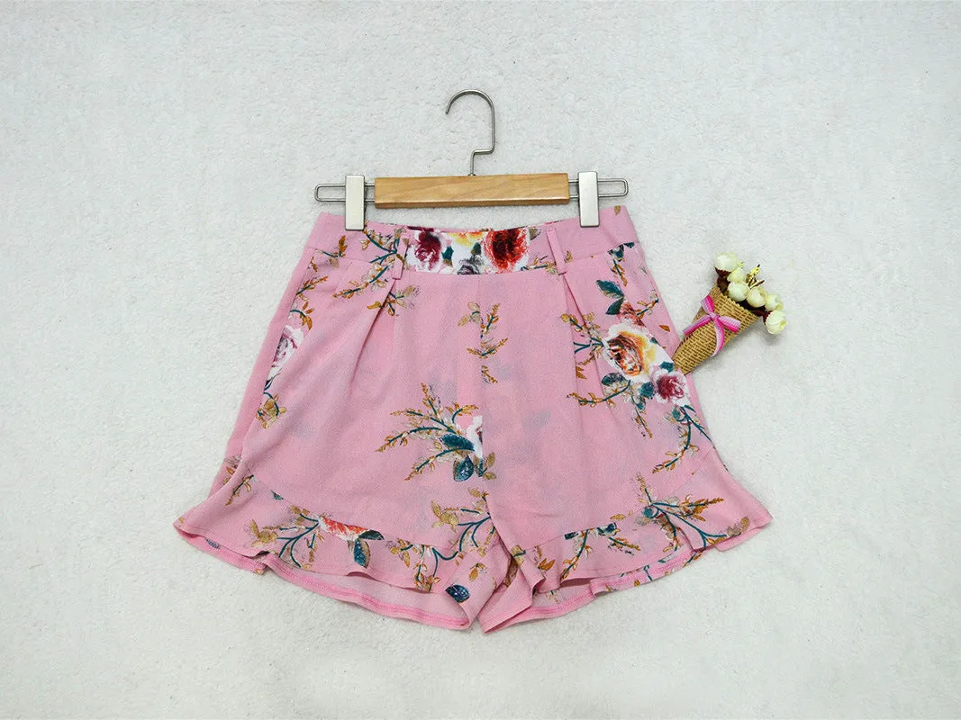 Popular Printed Shorts Belt Slim Look Wide Leg Pants Women Shorts