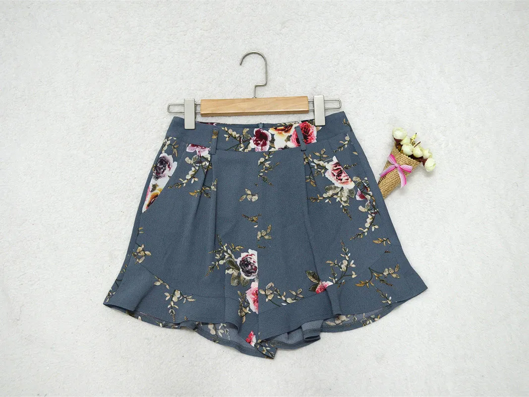 Popular Printed Shorts Belt Slim Look Wide Leg Pants Women Shorts