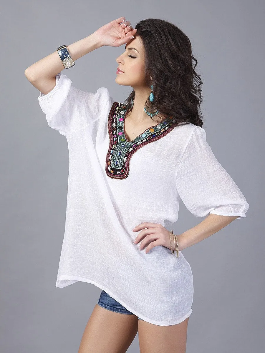 Pretty Bohemia Half Sleeve V Neck Embroidery Blouse Tops