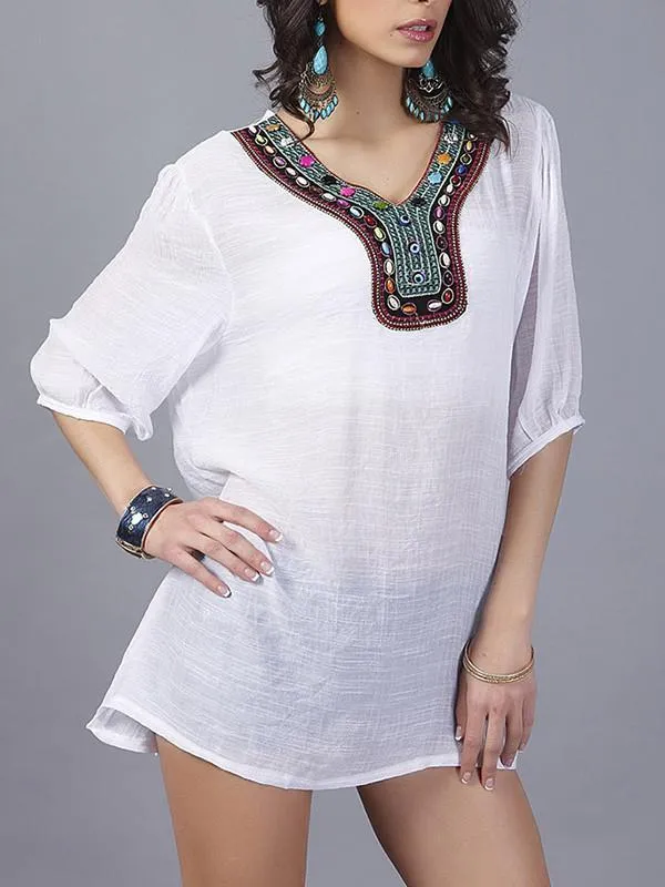 Pretty Bohemia Half Sleeve V Neck Embroidery Blouse Tops