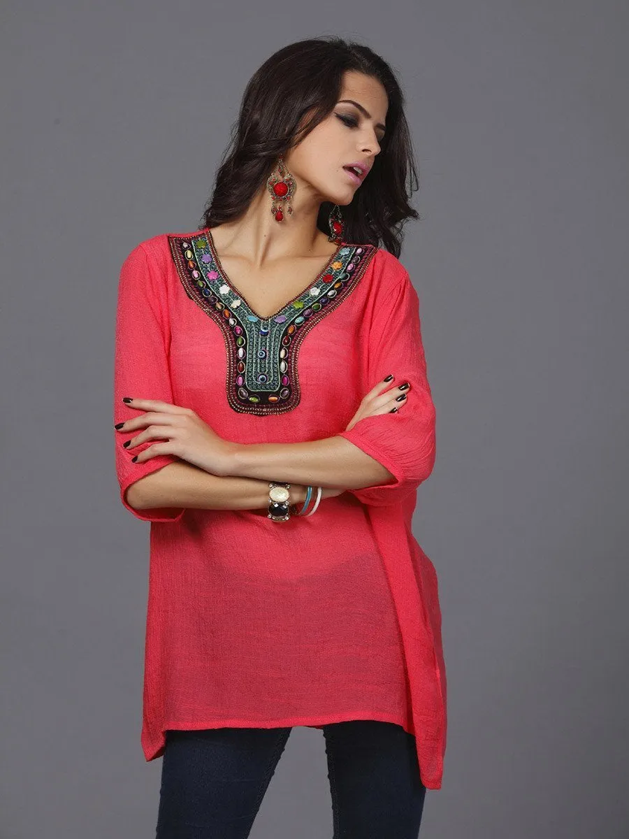 Pretty Bohemia Half Sleeve V Neck Embroidery Blouse Tops