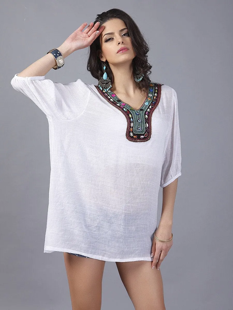 Pretty Bohemia Half Sleeve V Neck Embroidery Blouse Tops