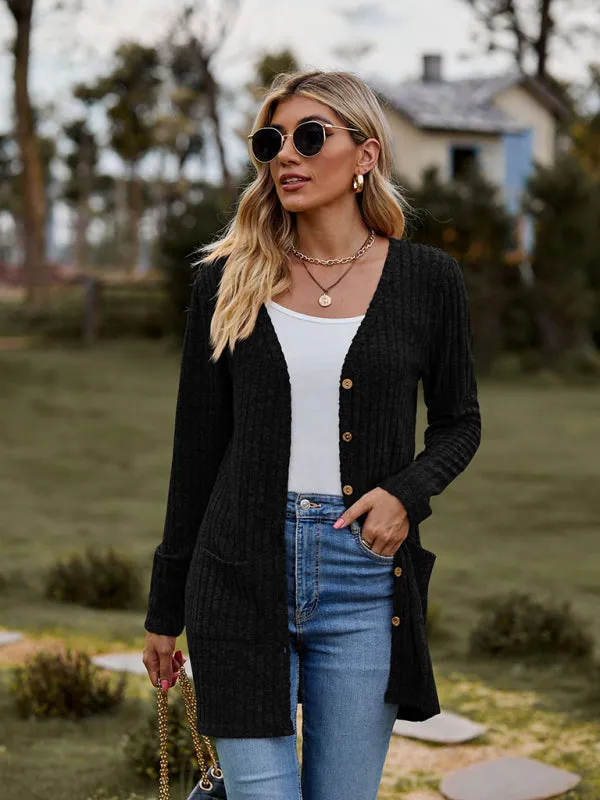 Rib-Knit Button-Up Cardigan with Pockets