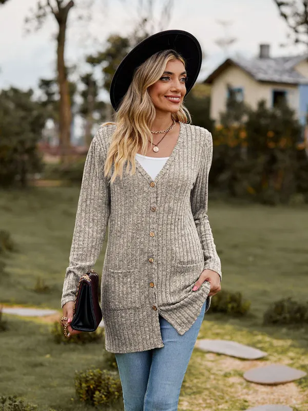 Rib-Knit Button-Up Cardigan with Pockets