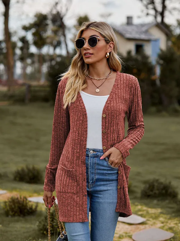 Rib-Knit Button-Up Cardigan with Pockets