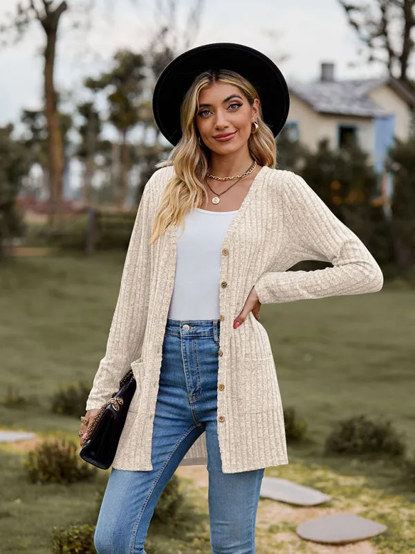 Rib-Knit Button-Up Cardigan with Pockets