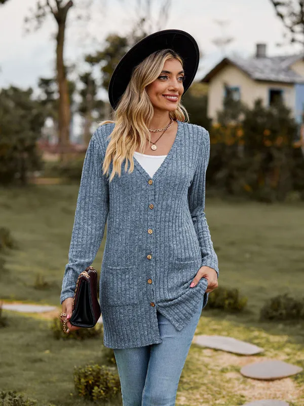 Rib-Knit Button-Up Cardigan with Pockets