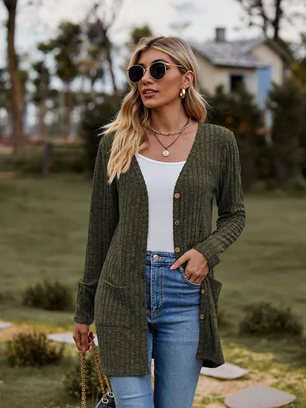 Rib-Knit Button-Up Cardigan with Pockets