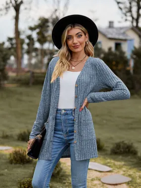 Rib-Knit Button-Up Cardigan with Pockets