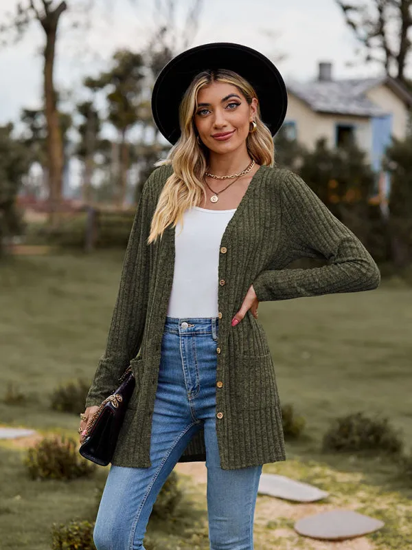 Rib-Knit Button-Up Cardigan with Pockets