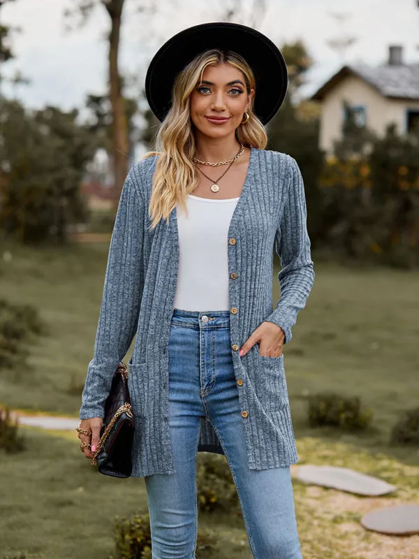 Rib-Knit Button-Up Cardigan with Pockets