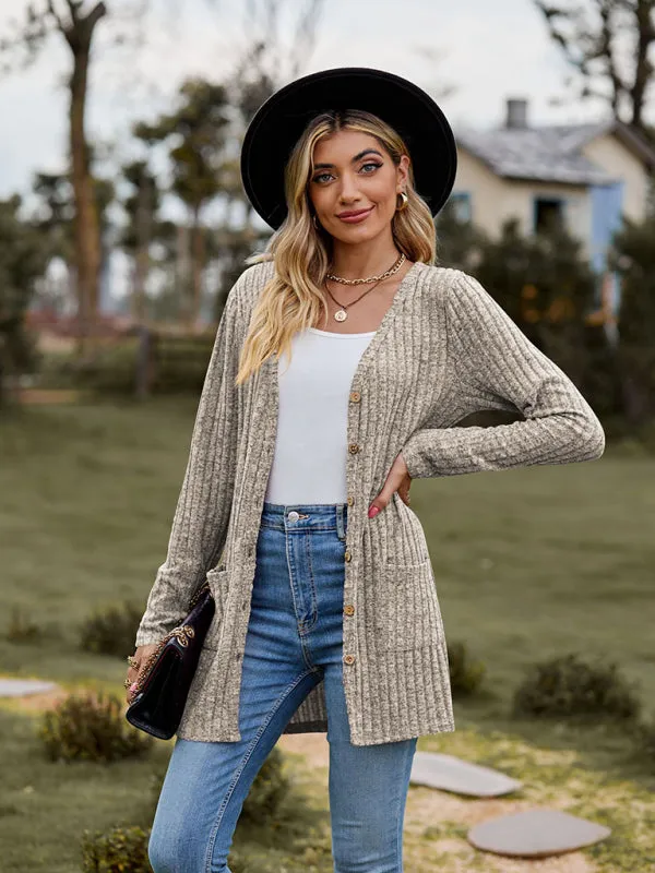 Rib-Knit Button-Up Cardigan with Pockets