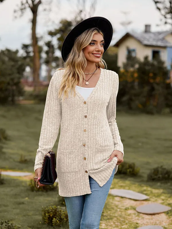 Rib-Knit Button-Up Cardigan with Pockets