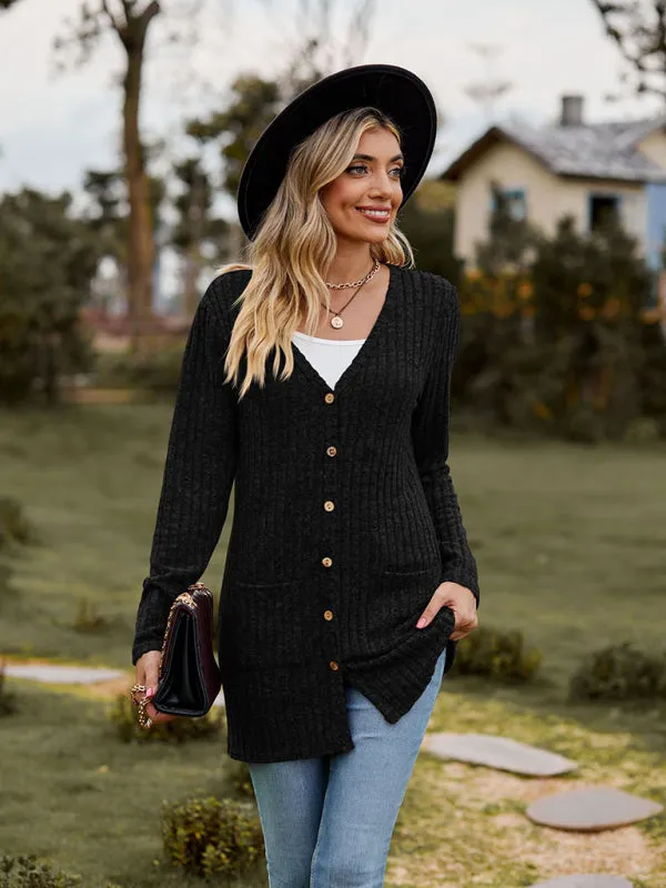 Rib-Knit Button-Up Cardigan with Pockets