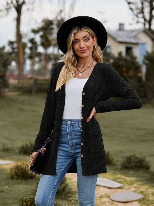 Rib-Knit Button-Up Cardigan with Pockets