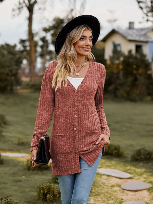 Rib-Knit Button-Up Cardigan with Pockets