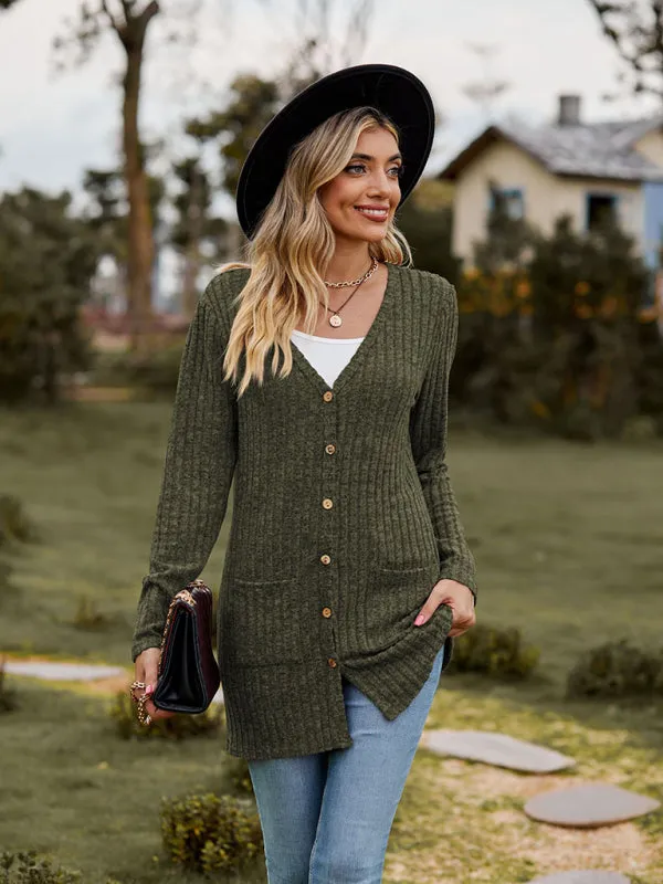 Rib-Knit Button-Up Cardigan with Pockets