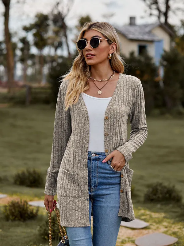 Rib-Knit Button-Up Cardigan with Pockets