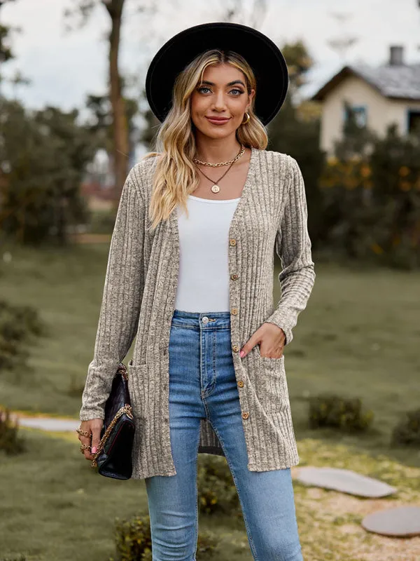 Rib-Knit Button-Up Cardigan with Pockets