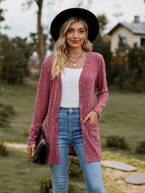 Rib-Knit Button-Up Cardigan with Pockets