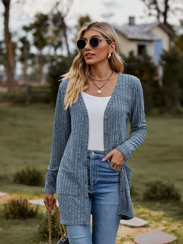 Rib-Knit Button-Up Cardigan with Pockets