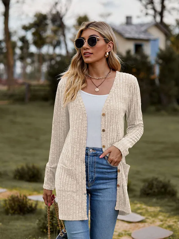 Rib-Knit Button-Up Cardigan with Pockets