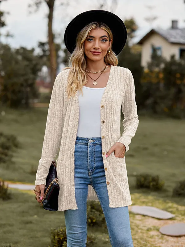 Rib-Knit Button-Up Cardigan with Pockets