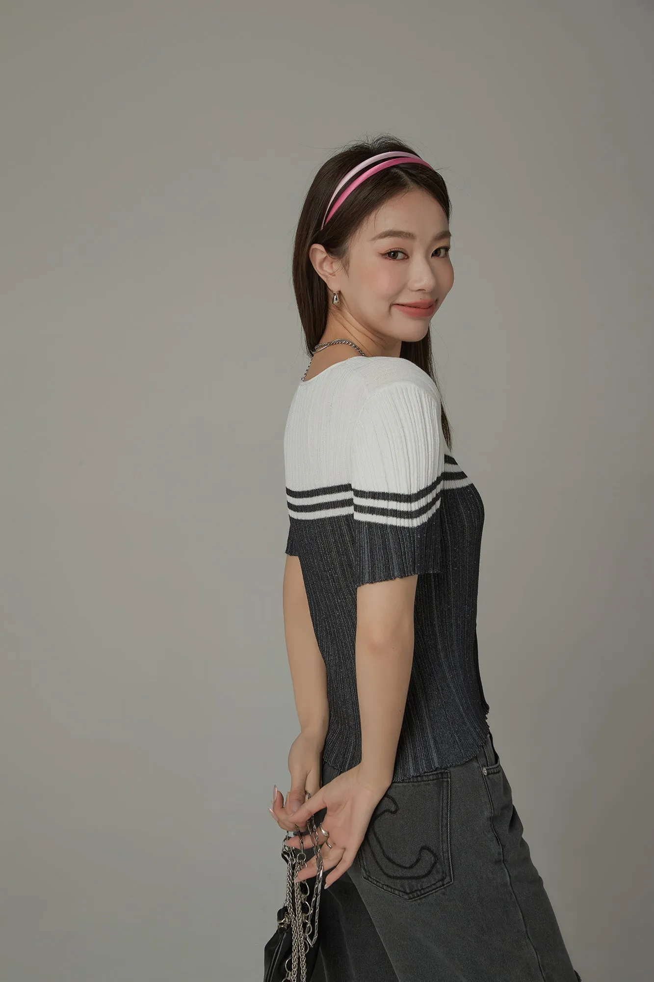 Ribbed Color Blocked Button Short Sleeve Cardigan