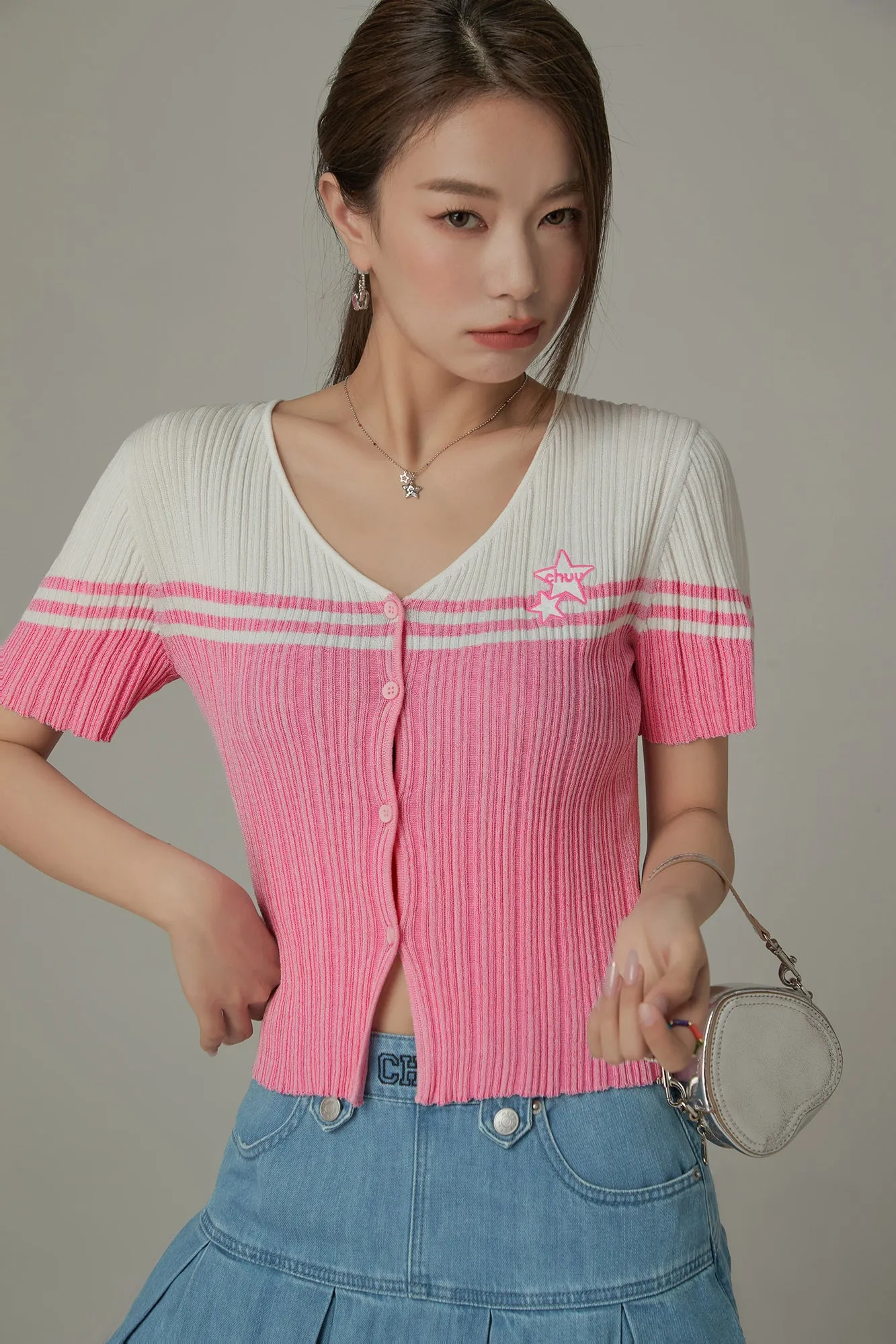 Ribbed Color Blocked Button Short Sleeve Cardigan