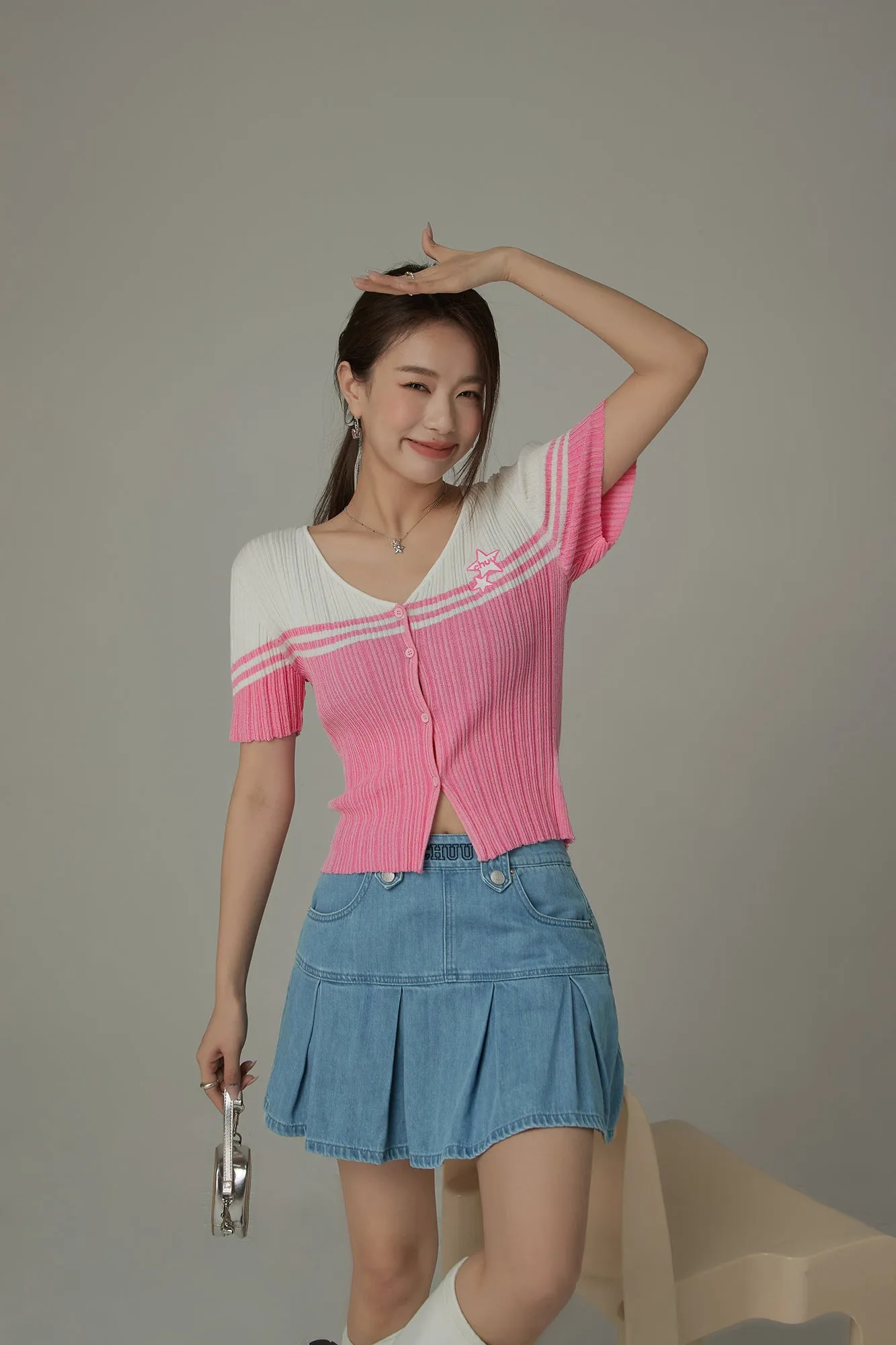 Ribbed Color Blocked Button Short Sleeve Cardigan