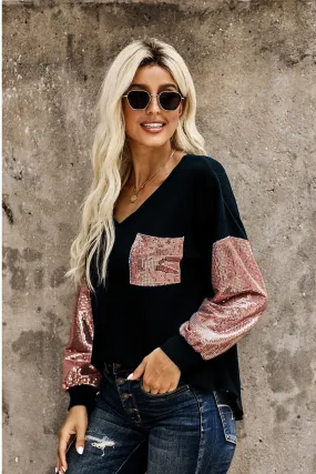 Sequin V Neck Long Sleeve Top