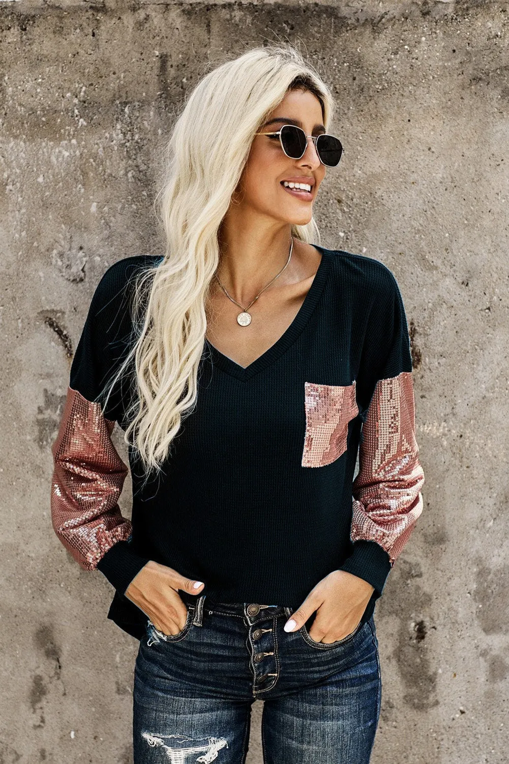 Sequin V Neck Long Sleeve Top