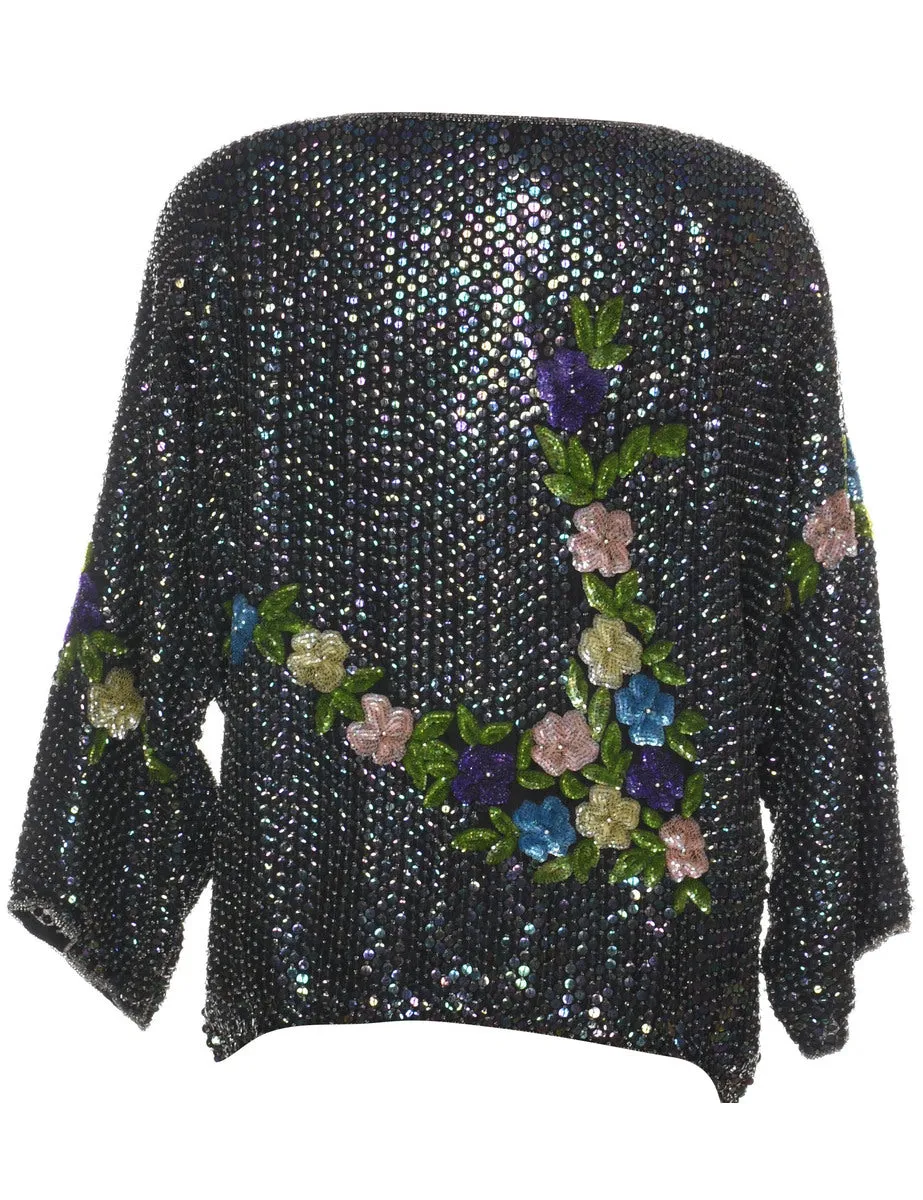 Sequined Multi-Colour Floral Evening Top - L