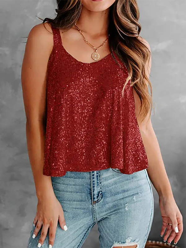 Sequined Sleeveless Blouse - Sparkle Cami Flowy Top